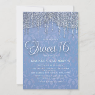 Blue Silver String Lights Damask Sweet 16 Einladung