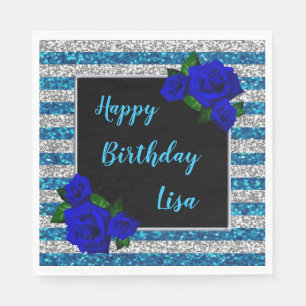 Blue Silver Strip Glitzer Deep Blue Rose Geburtsta Serviette