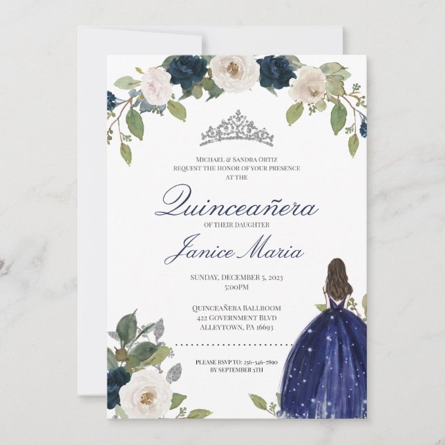 Blue Silver Tiara Floral Elegantes Kleid Quinceañe Einladung (Vorderseite)