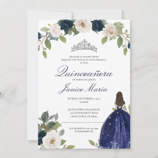 Blue Silver Tiara Floral Elegantes Kleid Quinceañe Einladung