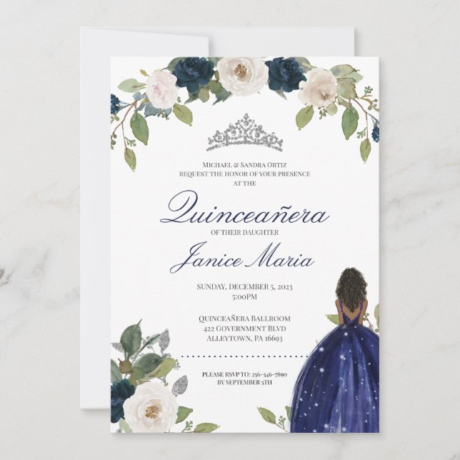 Blue Silver Tiara Floral Elegantes Kleid Quinceañe Einladung (Vorderseite)
