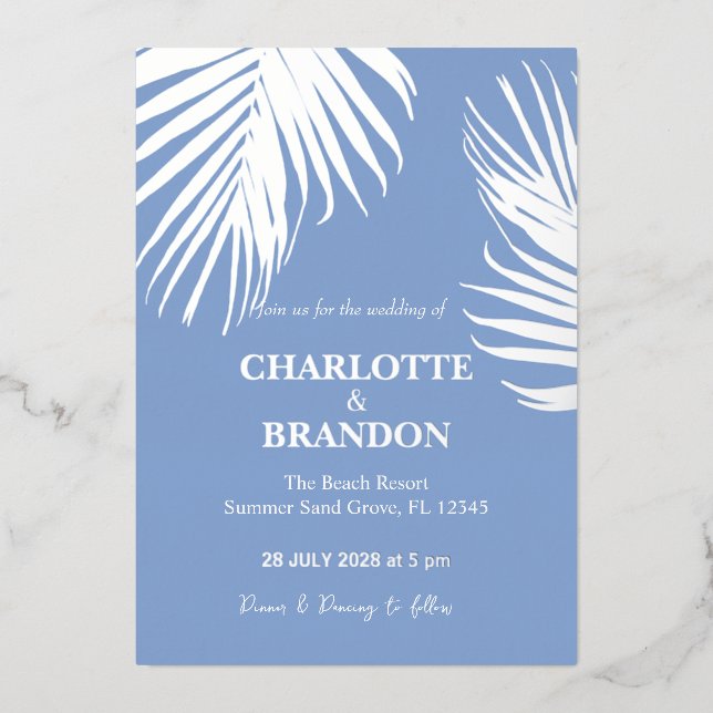 Blue Silver Tropical Palm Leaf Wedding Folieneinladung (Vorderseite)