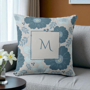 Blue Silver Watercolor Floral Script Kissen