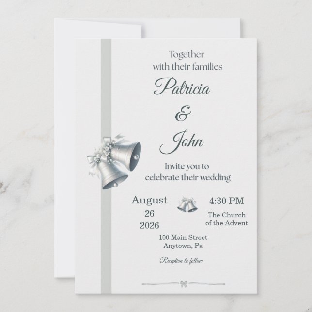 Blue Silver Wedding Bells Wedding Invitation Einladung (Vorderseite)