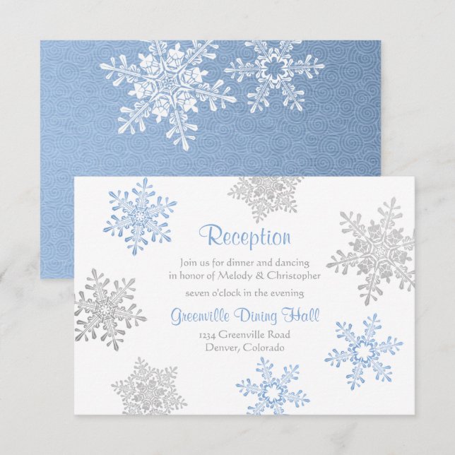 Blue Silver Winter Snowflake Hochzeitsempfang Begleitkarte (Vorne/Hinten)