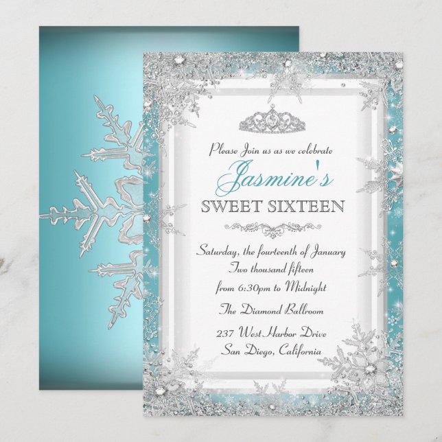 Blue Silver Winter Wonderland Sweet 16 Einladung (Vorne/Hinten)
