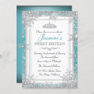 Blue Silver Winter Wonderland Sweet 16 Invitation