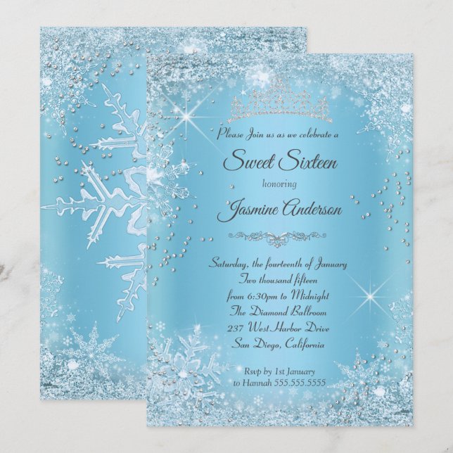 Blue Silver Winter Wonderland Sweet 16 Tiara Einladung (Vorne/Hinten)