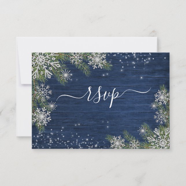 Blue Silver Winter Wood Kariert Rustikale Hochzeit RSVP Karte (Vorderseite)