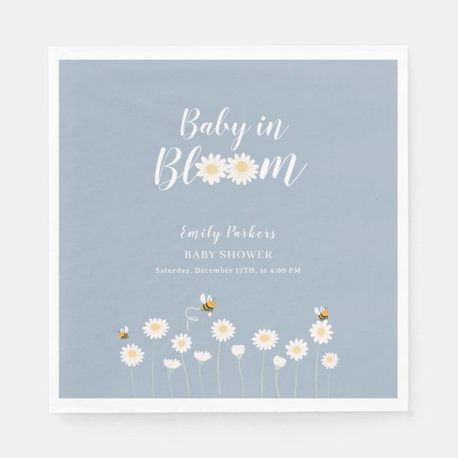 Blue Simple Boho Daisy Floral Baby in Blütendusche Serviette (Vorderseite)