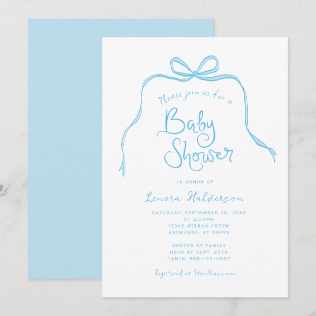Blue Simple Bow Baby Shower Einladung (Vorne/Hinten)