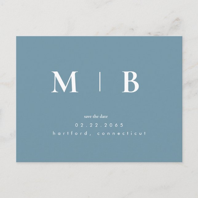 Blue Simple Contemporary Monogram Save the Date Postkarte (Vorderseite)