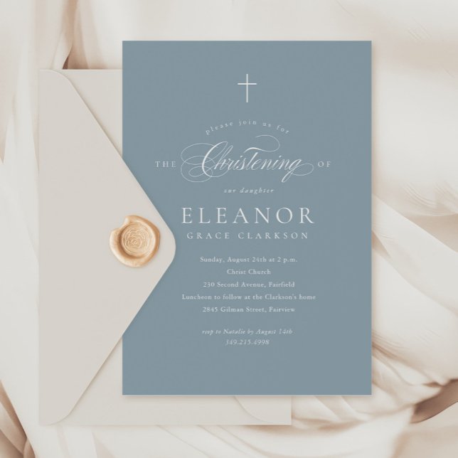 Blue Simple Elegance Cross Calligraphy Christening Einladung (Von Creator hochgeladen)