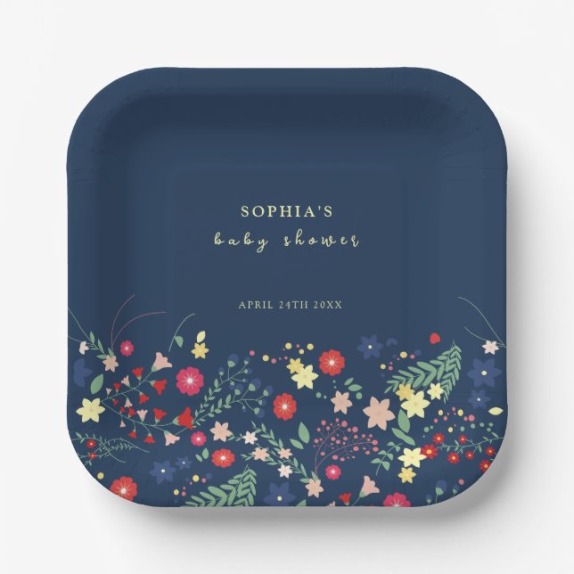 Blue Simple Elegante Wildblume Baby Shower Pappteller (Vorderseite)