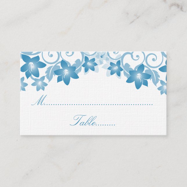 Blue Simple Floral Wedding Platzkarte (Vorderseite)