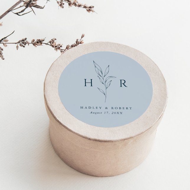 Blue Simple Minimal Monogram Botanical Wedding Runder Aufkleber (Von Creator hochgeladen)