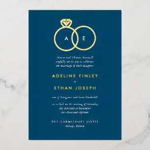 Blue Simple Modern Rings Monogram Wedding Folieneinladung