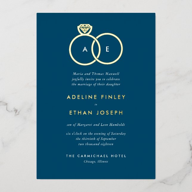 Blue Simple Modern Rings Monogram Wedding Folieneinladung (Vorderseite)