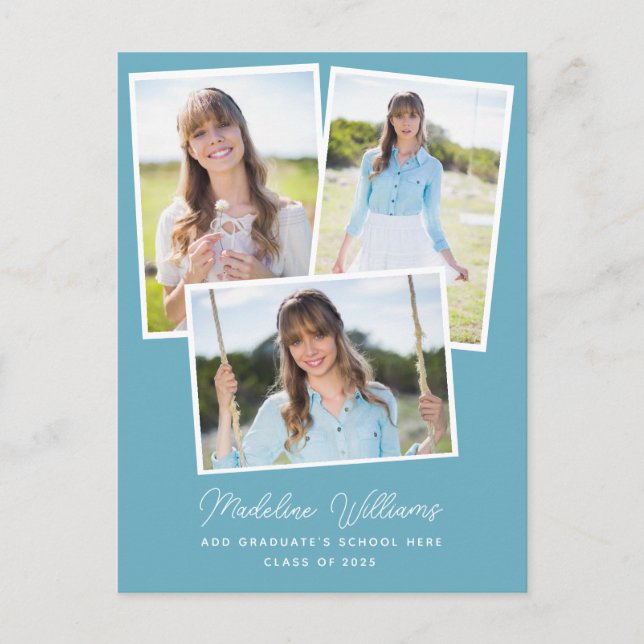 Blue Simple Script Multi Photo Graduation Postcard Postkarte (Vorderseite)
