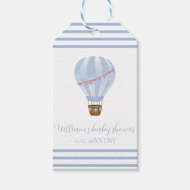Blue Simple Strip Hot Air Ballon Boy Baby Dusche Geschenkanhänger (Vorderseite)