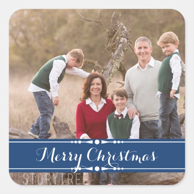 Blue Simply Chic Holiday Foto Stickers (Vorderseite)