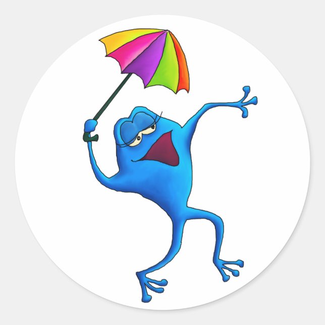 Blue Singing Frog mit Umbrella Runder Aufkleber (Vorderseite)