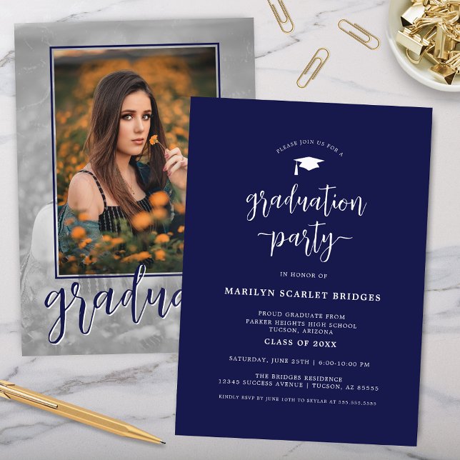 Blue Single Foto Script Abschluss Einladung (modern navy blue graduation party invitation with single photo used twice for unique grad party)
