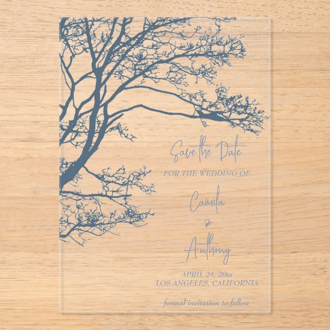 Blue Single Tree Boho Wedding Acryleinladungen (Vorderseite)