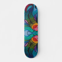 Blue Skateboard Deck mit Rainbow Koi Fish Design