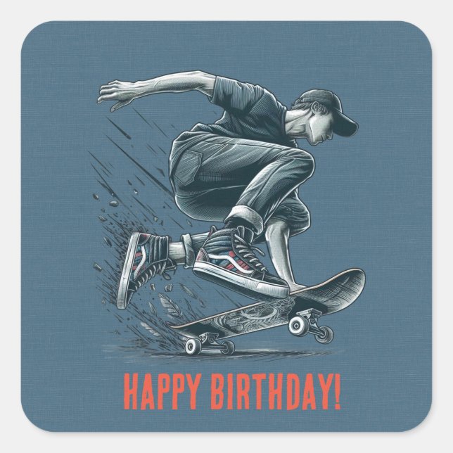Blue Skateboarder Burnt Orange Happy Birthday Boy Quadratischer Aufkleber (Vorderseite)