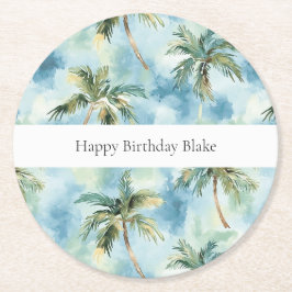 Blue Skies Tropical Island Palm Trees Birthday Runder Pappuntersetzer