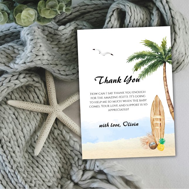 Blue Sky Baby an Bord Beach Surf Baby Dusche Dankeskarte (Blue Sky Baby On Board Beach Surf Baby Shower Thank You Card)