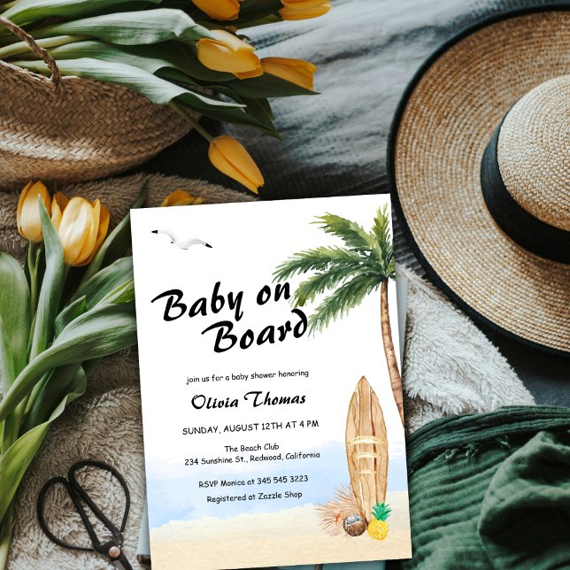 Blue Sky Baby an Bord Beach Surf Baby Dusche Einladung (Blue Sky Baby On Board Beach Surf Baby Shower Invitation)