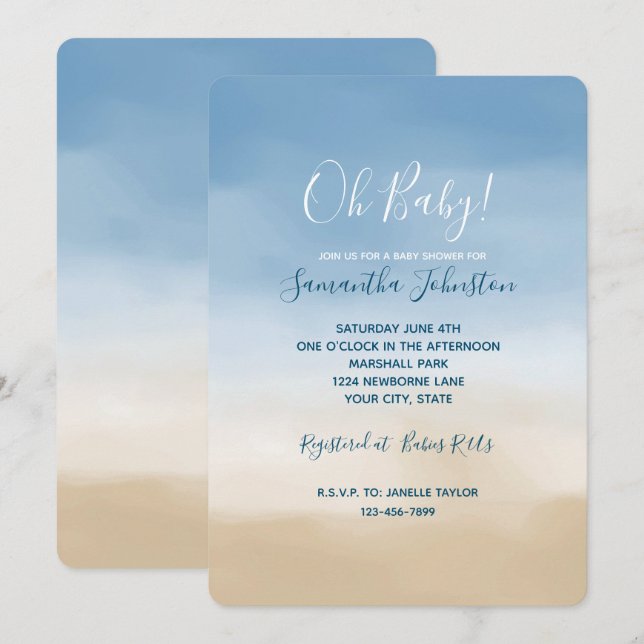 Blue Sky Beige Sand Ombre Watercolor Einladung (Vorne/Hinten)