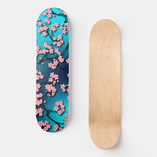 Blue Sky Bird Cherry Blossom Skateboard (Vorderseite)