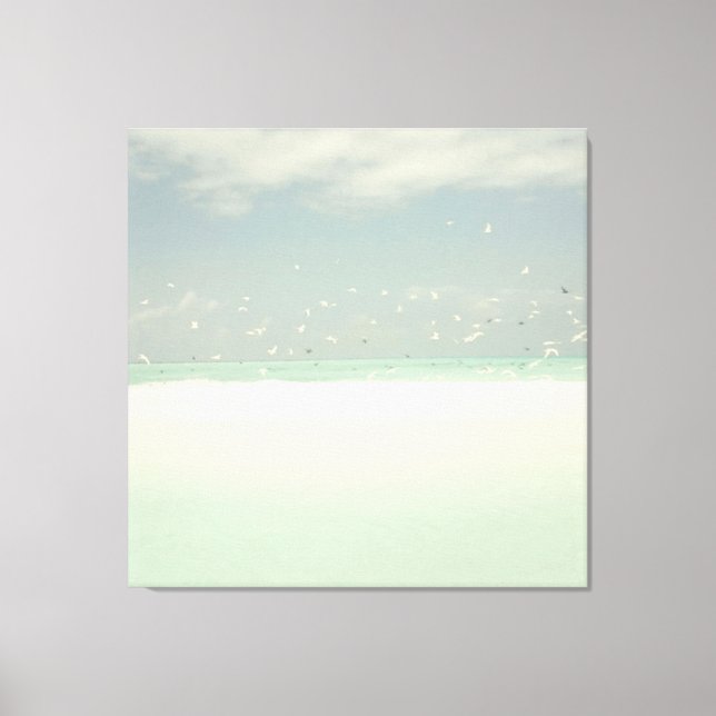 Blue Sky Birds Beach and Ocean Seashore Landschaft Leinwanddruck (Vorderseite)