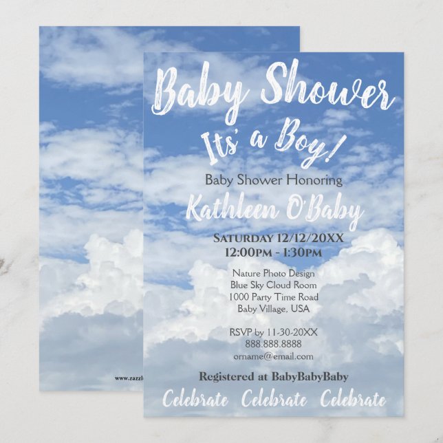 BLUE SKY CLOUDS FOTO BABY BOY SHOWEINLADUNG EINLADUNG (Vorne/Hinten)