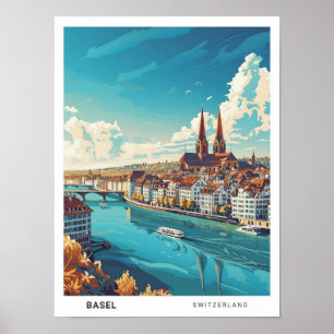 Blue Sky in Basel Schweiz Vintage Travel Poster