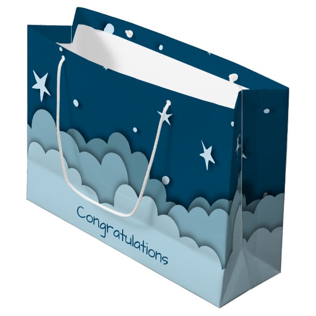 Blue Sky mit Sternen und Wolken Herzlichen Glückwu Große Geschenktüte (Vorderseite Schrägansicht)