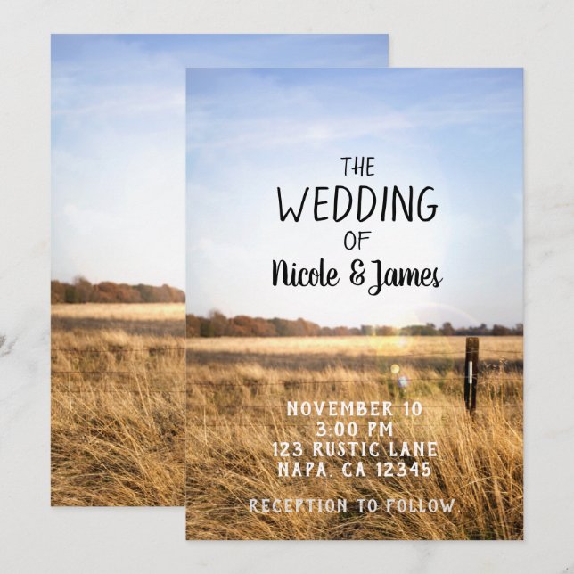Blue Sky Rustic Country Field Barn Wedding Einladung (Vorne/Hinten)