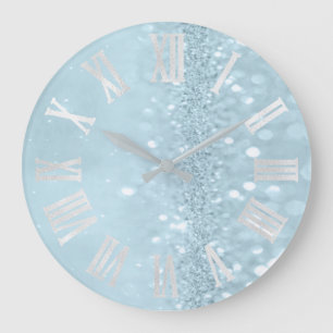 Blue Sky Silver Glitzer Grau römische Zahlen Große Wanduhr