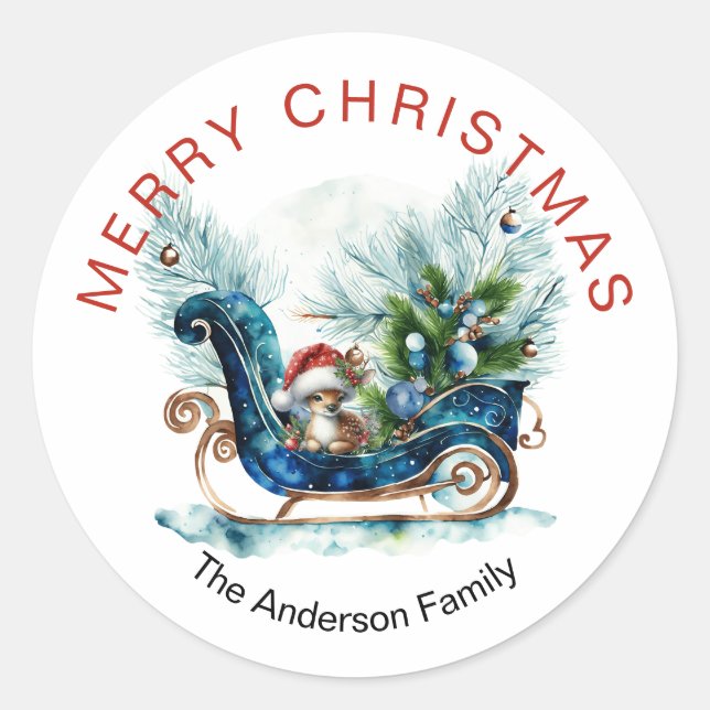 Blue Sled Baby Rentier Runder Aufkleber (Vorderseite)