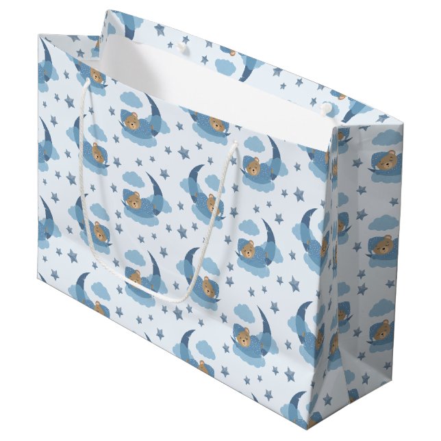 Blue Sleeping Baby Bear auf Mondwolken & Sternen Große Geschenktüte (Vorderseite Schrägansicht)