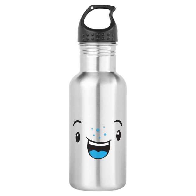 Blue Smiling Kawaii Face Edelstahlflasche (Vorderseite)