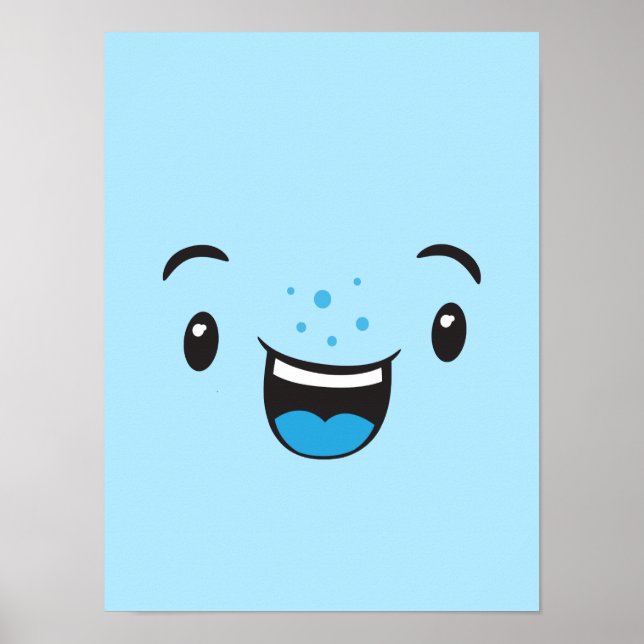 Blue Smiling Kawaii Face Poster Print (Vorne)