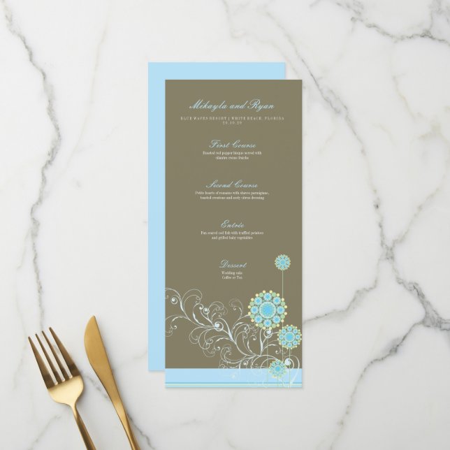 Blue Snow Blume Wirbel Elegante Whimsical Wedding Menükarte (Vorderseite/Rückseite Beispiel)