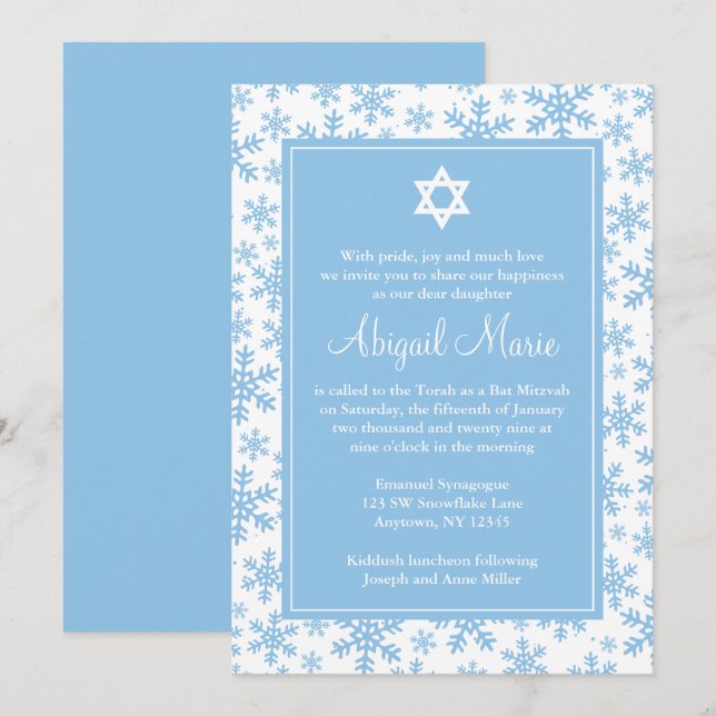Blue Snowflake Border Star von David Bat Mitzvah Einladung (Vorne/Hinten)