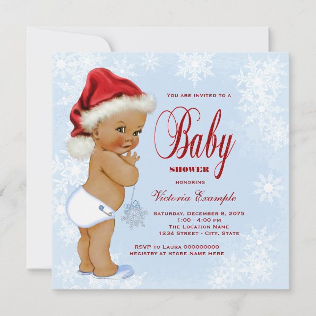Blue Snowflake Ethnic Boys Weihnachtsdusche Einladung (Vorderseite)