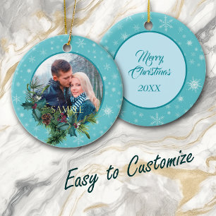 Blue Snowflake Evergreen Frame Foto Keramik Ornament