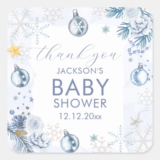 Blue Snowflake Flower Winter Baby Shower  Quadratischer Aufkleber (Vorderseite)